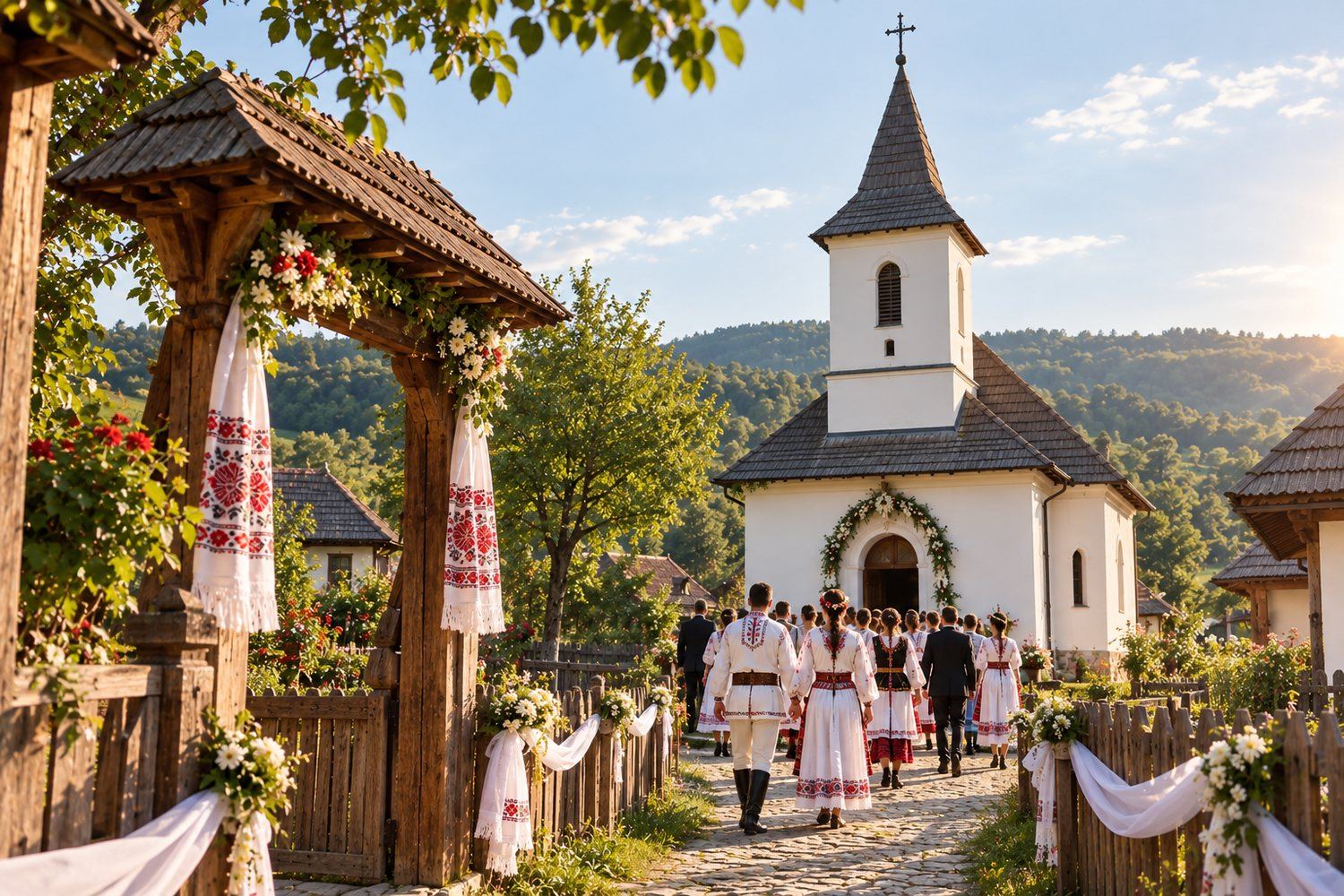 Nuntașii în port popular mergând spre biserica din sat
