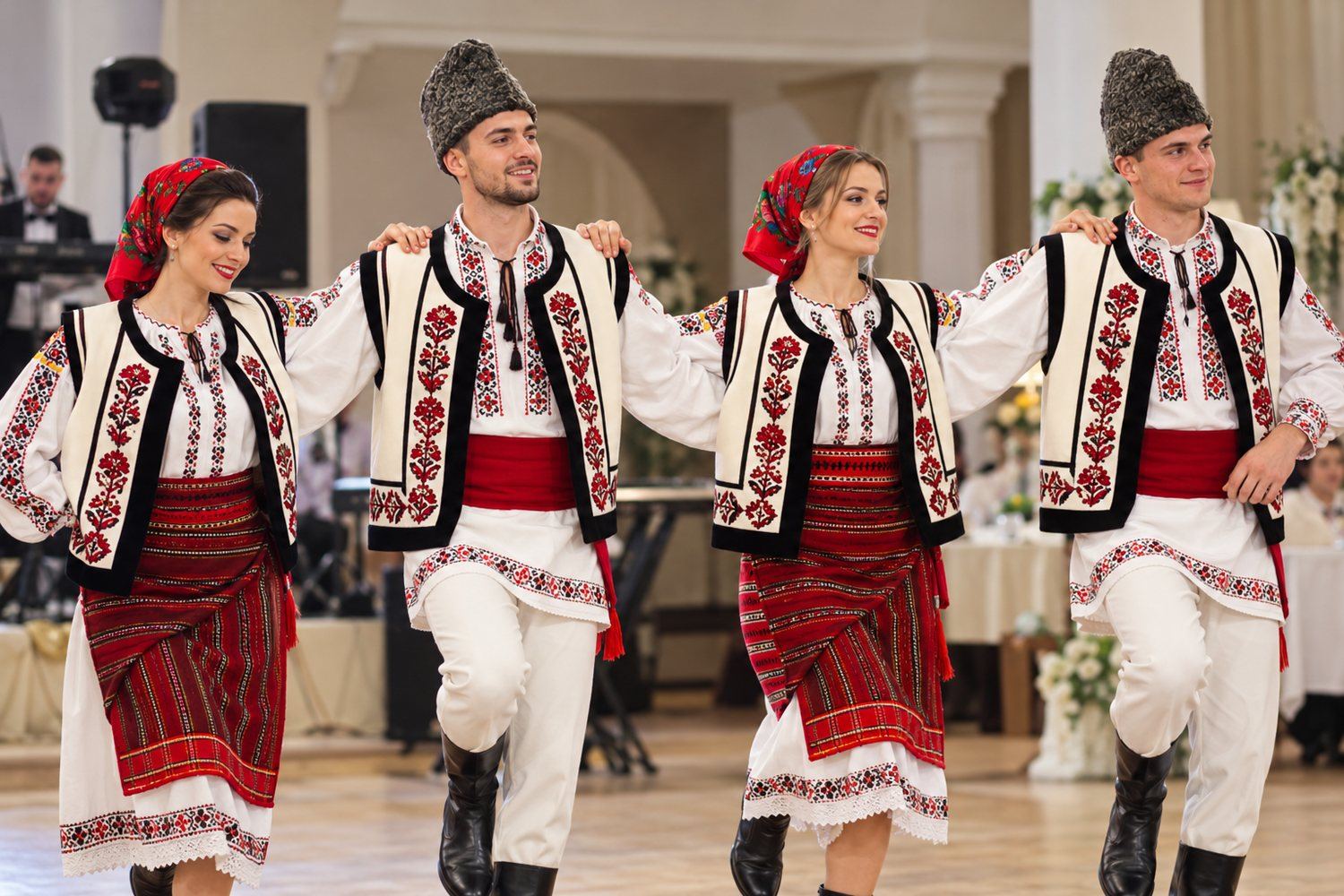 Perechi în port popular jucând hora
