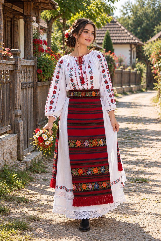 Mireasa în ie și catrință, cu buchet de flori de câmp